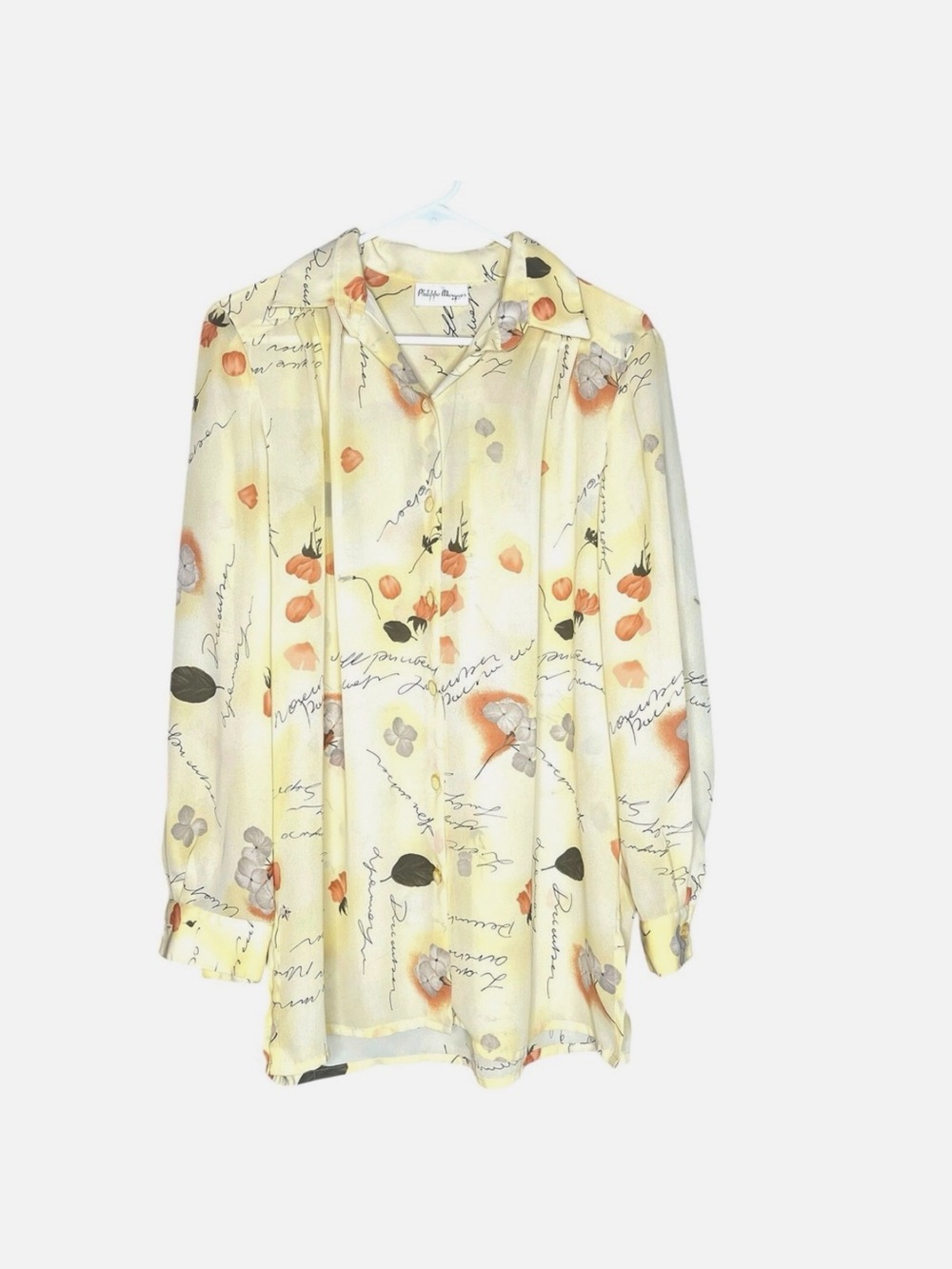 Vintage Philippe Marques Floral Script Print Button Front Blouse Size 16